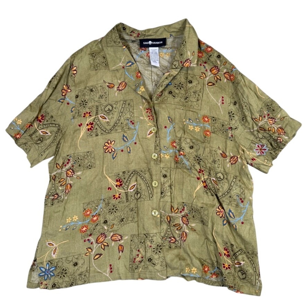 Sag Harbor Womens XL Sage Green Floral Rayon Short Sleeve Button Down Shirt